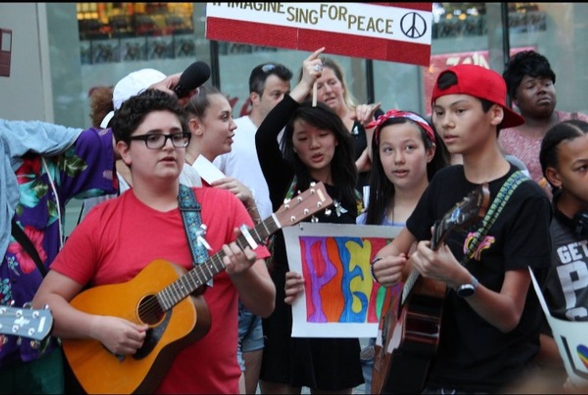 Young people from the Broadway community sing John Lennon's 'Imagine' for peace at 